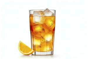 ai généré une verre de Orange un soda l'eau avec la glace cubes sur blanc Contexte. ai généré photo
