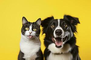 ai généré chat et chien ensemble avec content expressions sur Jaune Contexte. ai généré photo