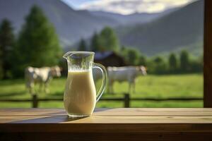 ai généré verre lanceur avec Frais Lait sur une en bois tableau. ai généré photo