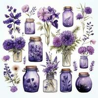 ai généré collection de aquarelle le maçon pots avec violet fleurs clipart. ai généré photo