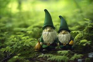 ai généré jouet irlandais gnomes dans une mystère forêt, abstrait vert Naturel Contexte. génératif ai photo