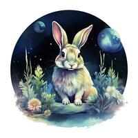 ai généré aquarelle lapin et embrasé lune pour T-shirt conception. ai généré photo