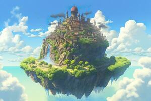 ai généré ancien céleste flottant île dans le ciel avec une château, vibrant, fantastiquepunk, ai génératif photo