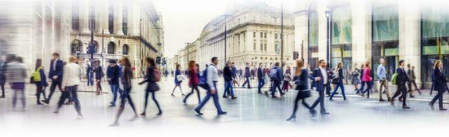 ai généré en marchant gens se brouiller. beaucoup de gens marcher dans le ville de Londres. large panoramique vue de gens traversée le route. ai généré photo