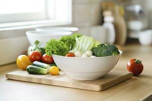 ai généré cuisine encore la vie avec blanc bol de lavé des légumes sur en bois bureau. ai généré photo