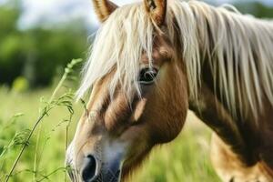 ai généré marron cheval avec blond cheveux mange herbe sur une vert Prairie détail de le diriger. ai généré photo