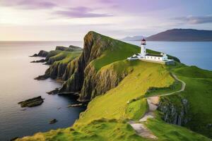 ai généré Skye île nid point phare dans montagnes. ai généré photo