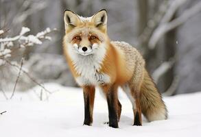 ai généré rouge Renard permanent sur neige. ai généré. photo