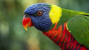 ai généré côté vue fermer de magnifique et coloré Lorikeet vert nuque oiseau. génératif ai photo