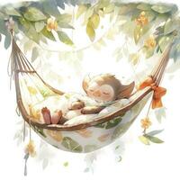 ai généré une somnolent bébé singe dans une hamac. aquarelle illustration. ai généré photo
