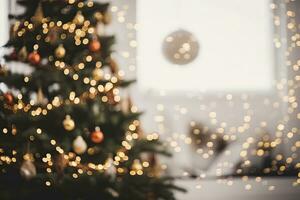 ai généré défocalisé Noël arbre avec beaucoup différent décorations. ai généré photo
