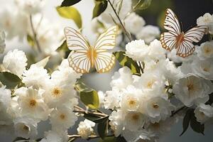 ai généré goden papillons avec blanc fleurs. ai généré photo