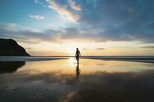 ai généré une la personne en marchant sur le plage à le coucher du soleil. ai généré. photo