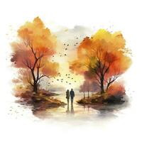 ai généré aquarelle l'automne paysage avec une couple marche. ai généré photo