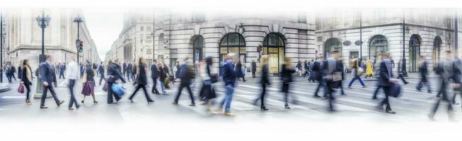 ai généré en marchant gens se brouiller. beaucoup de gens marcher dans le ville de Londres. large panoramique vue de gens traversée le route. ai généré photo