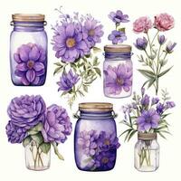 ai généré collection de aquarelle le maçon pots avec violet fleurs clipart. ai généré photo