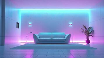 ai généré vide mur dans une futuriste sci Fi vivant pièce avec lumière jaune, lumière cyan, et lumière bleu néon. ai génératif photo