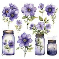 ai généré collection de aquarelle le maçon pots avec violet fleurs clipart. ai généré photo