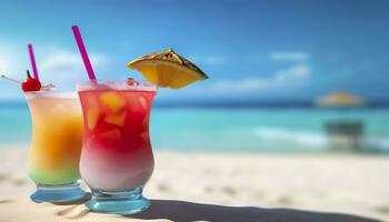 ai généré cocktail verre sur le sablonneux plage près le mer dans été temps. génératif ai photo