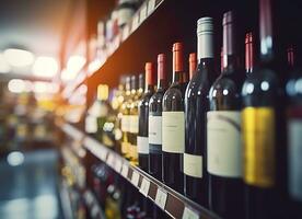 ai généré abstrait brouiller du vin bouteilles sur alcool de l'alcool étagères dans supermarché boutique Contexte. génératif ai photo