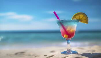 ai généré cocktail verre sur le sablonneux plage près le mer dans été temps. génératif ai photo