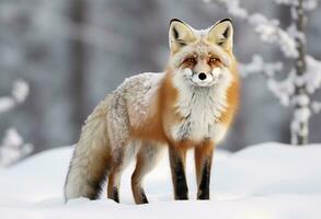 ai généré rouge Renard permanent sur neige. ai généré. photo