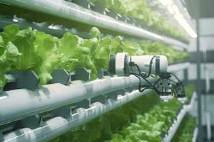 ai généré automatique agricole La technologie avec fermer vue de robotique bras récolte salade dans verticale hydroponique plante. ai généré photo