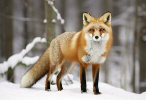 ai généré rouge Renard permanent sur neige. ai généré. photo