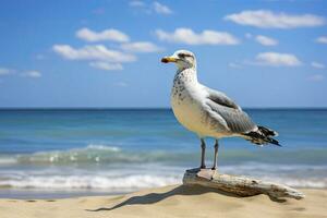 ai généré mouette sur le plage en dessous de bleu ciel. photo