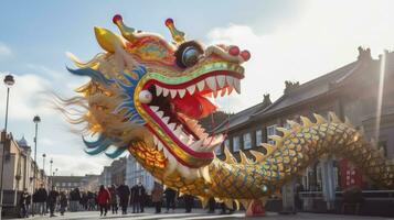 ai généré chinois dragon en dessous de une brillant ciel. ai généré photo