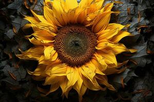 ai généré proche en haut de tournesol avec l'eau gouttelettes sur pétales, une grossier et agité texture de une tournesols centre, ai généré photo