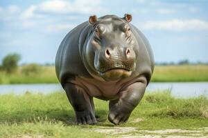 ai généré hippopotame en marchant dans une vert champ. ai généré photo