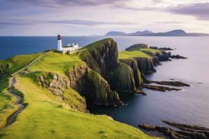 ai généré Skye île nid point phare dans montagnes. ai généré photo