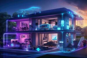 ai généré 3d le rendu de moderne confortable maison avec garage pour vente ou location avec magnifique aménagement paysager, surligner le concept de le l'Internet de des choses dans une intelligent Accueil environnement, avec divers, photo