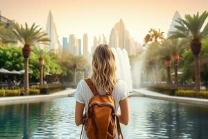 ai généré femme en voyageant dans Dubai, uni arabe émirats. Voyage et tourisme concept, content touristique fille arrière vue en marchant près fontaines dans Dubai ville, vacances et tourisme concept photo