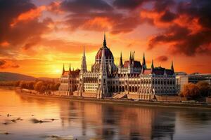 ai généré parlement bâtiment dans Budapest, Hongrie à le coucher du soleil. magnifique voir, hongrois parlement, Budapest, à coucher de soleil, ai généré photo