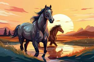 ai généré les chevaux dans le champ à le coucher du soleil. vecteur illustration de une dessin animé style, cheval horizontal bannière pour site Internet entête conception, ai généré photo