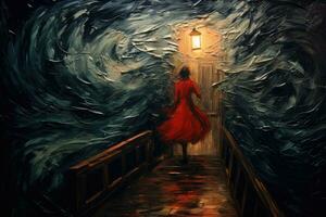 ai généré fille dans une rouge robe sur le pont à nuit, pétrole peinture, expressionniste représentation de une orageux nuit avec une femme dans une rouge robe dans une pièce ou station couloir exprimer désir, jambes photo