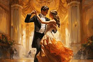 ai généré passionné couple dansant tango dans le vieux palais. numérique peinture, ai généré photo