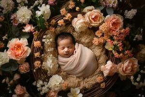 ai généré nouveau née bébé dans une panier entouré avec fleurs photo