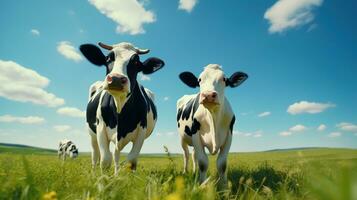 ai généré en bonne santé vaches sur le vert champ. cultiver, ranch, lait, vache, Frais lait, laitier photo