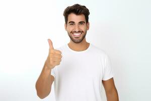 ai généré portrait de de bonne humeur homme souriant et montrant pouce en haut plus de blanc Contexte photo