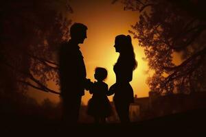 ai généré ombre de content famille ensemble, Parents avec leur peu bébé à le coucher du soleil. une silhouette de l'amour et unité. ai génératif photo