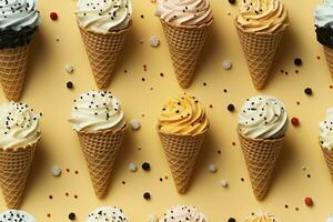 ai généré intégrer une variété de gaufre cônes avec différent la glace crème les saveurs. ai généré photo