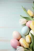 ai généré un élégant Contexte avec couleur pastel Pâques des œufs et magnifique tulipes, photo