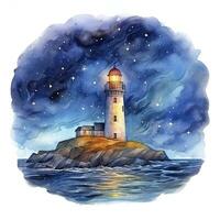 ai généré phare à côté de le mer à nuit. aquarelle pour T-shirt conception. ai généré photo