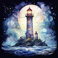 ai généré phare à côté de le mer à nuit. aquarelle pour T-shirt conception. ai généré photo