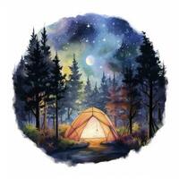 ai généré une camping tente dans le forêt avec nuit ciel, aquarelle pour T-shirt conception. ai généré photo