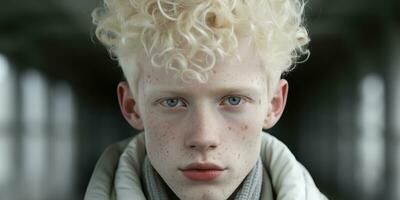 ai généré portrait de un albinos garçon avec taches de rousseur photo