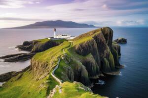 ai généré Skye île nid point phare dans montagnes. ai généré photo